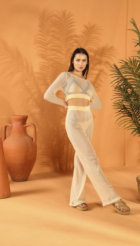 CREAM FISHNET Short Top Pants Set