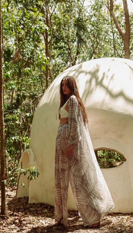 Cream Botanical Kimono & Pants Set